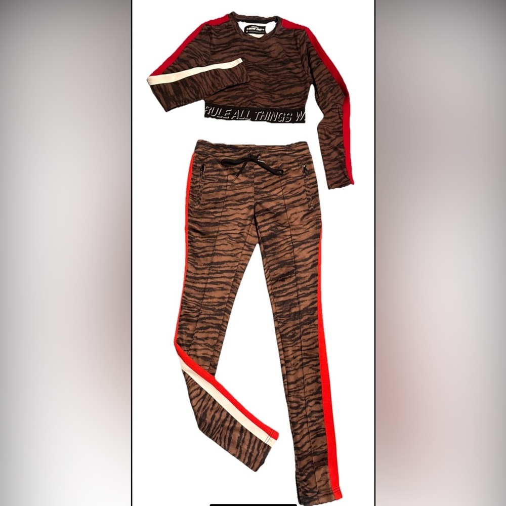 Pam & Gela Tiger Crop Top LS & Pants S Brown Cigarette Track Skinny Zip Ankle